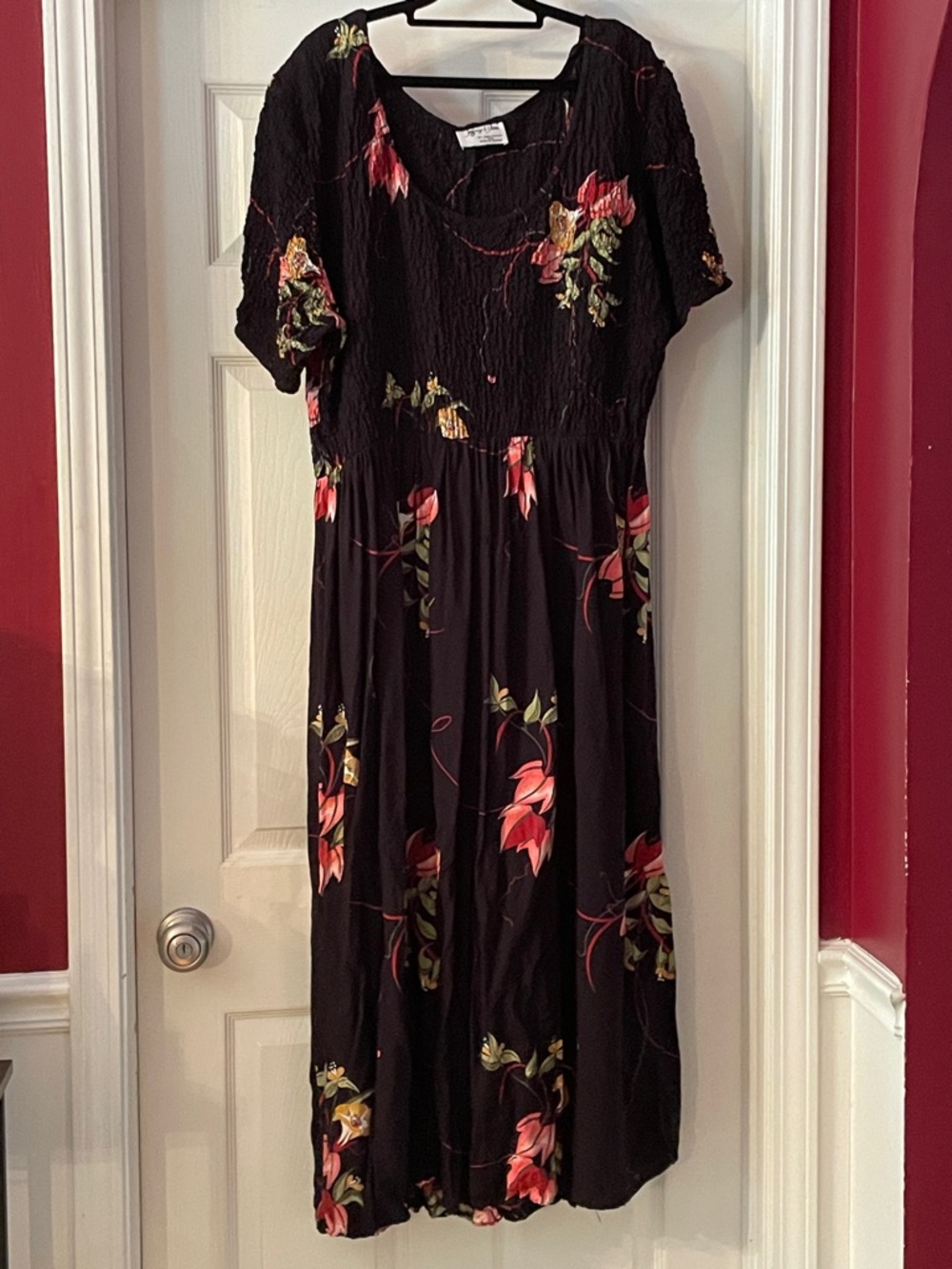 Black Floral Midi Dress with Pink and Green Accents